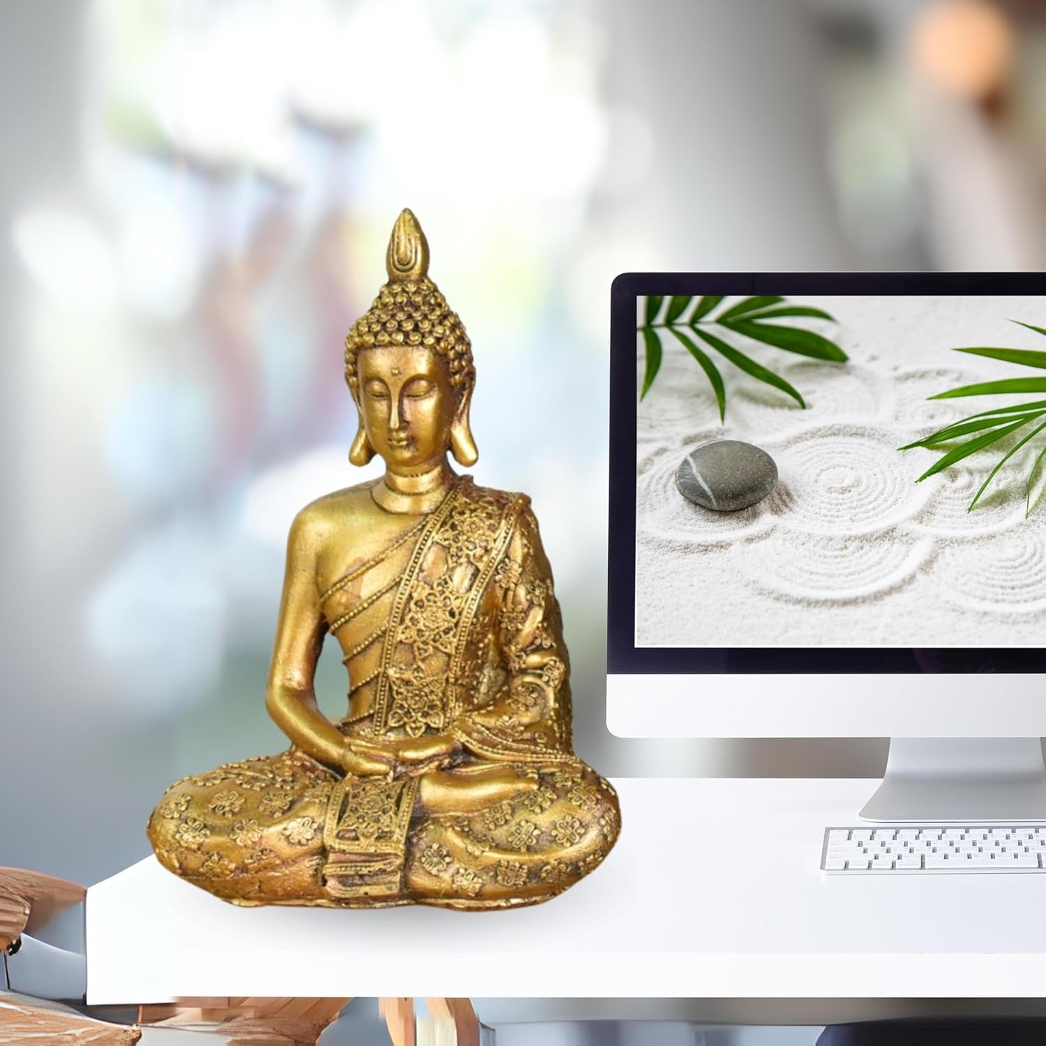 Zen'Light - Soška s hlavou Buddhy Sanci - Dekorace pro Zen, meditaci a feng shui - Dárek pro relaxační a duchovní atmosféru - Socha Buddhy - Výška: 18 cm - Barva: zlatá Sošky a plastiky Naty Shop