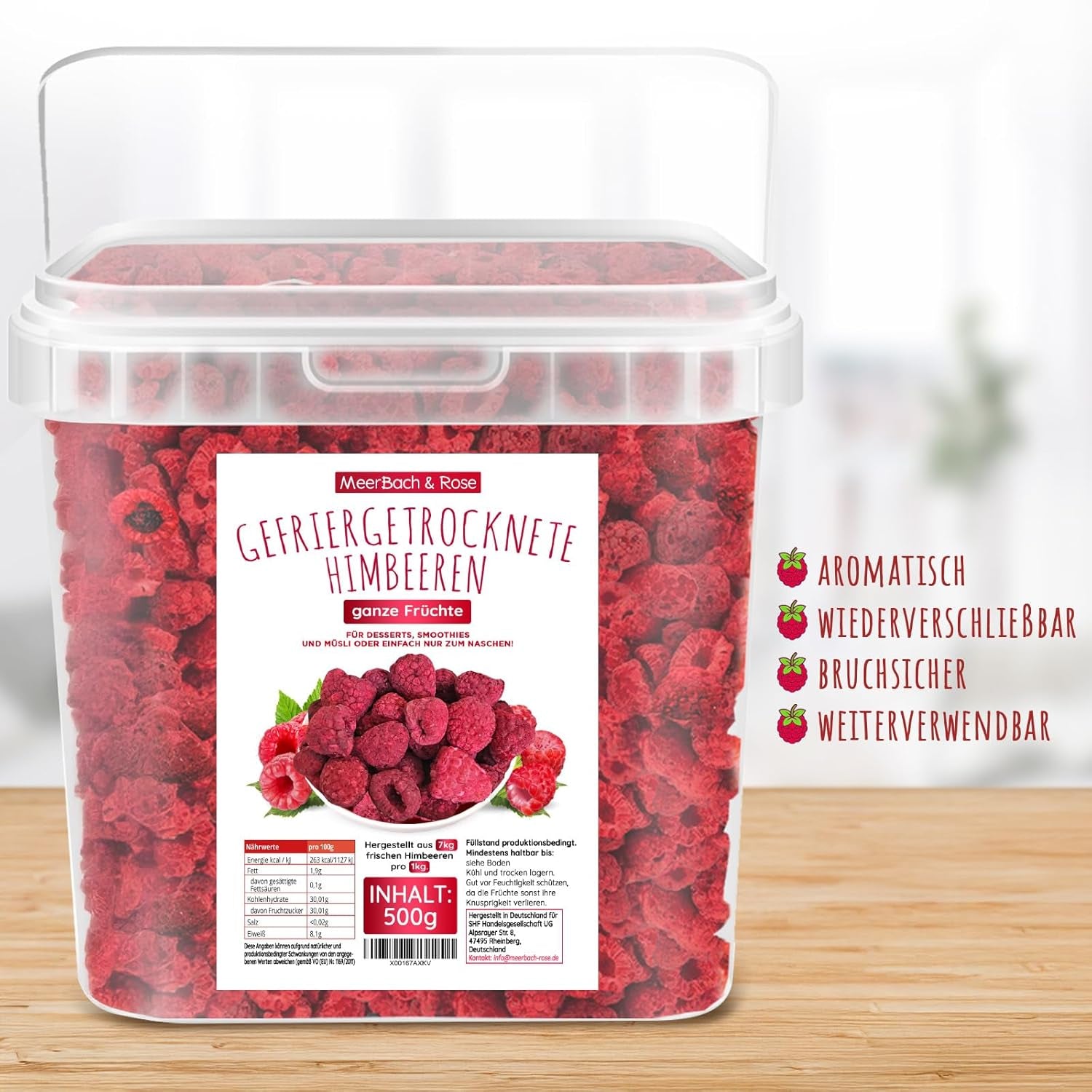 Lyofilizované maliny, BEZ čínských produktů, 500 g lyofilizovaného celého ovoce, bez přísad, ovocné, vyrobeno v Německu Sušené produkty Naty Shop