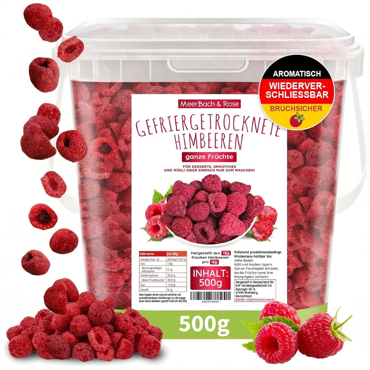 Lyofilizované maliny, NE čínské produkty, 500g lyofilizované celé ovoce, bez přísad, ovocné, vyrobeno v Německu Sušené produkty Naty Shop 500 G (1 balení)